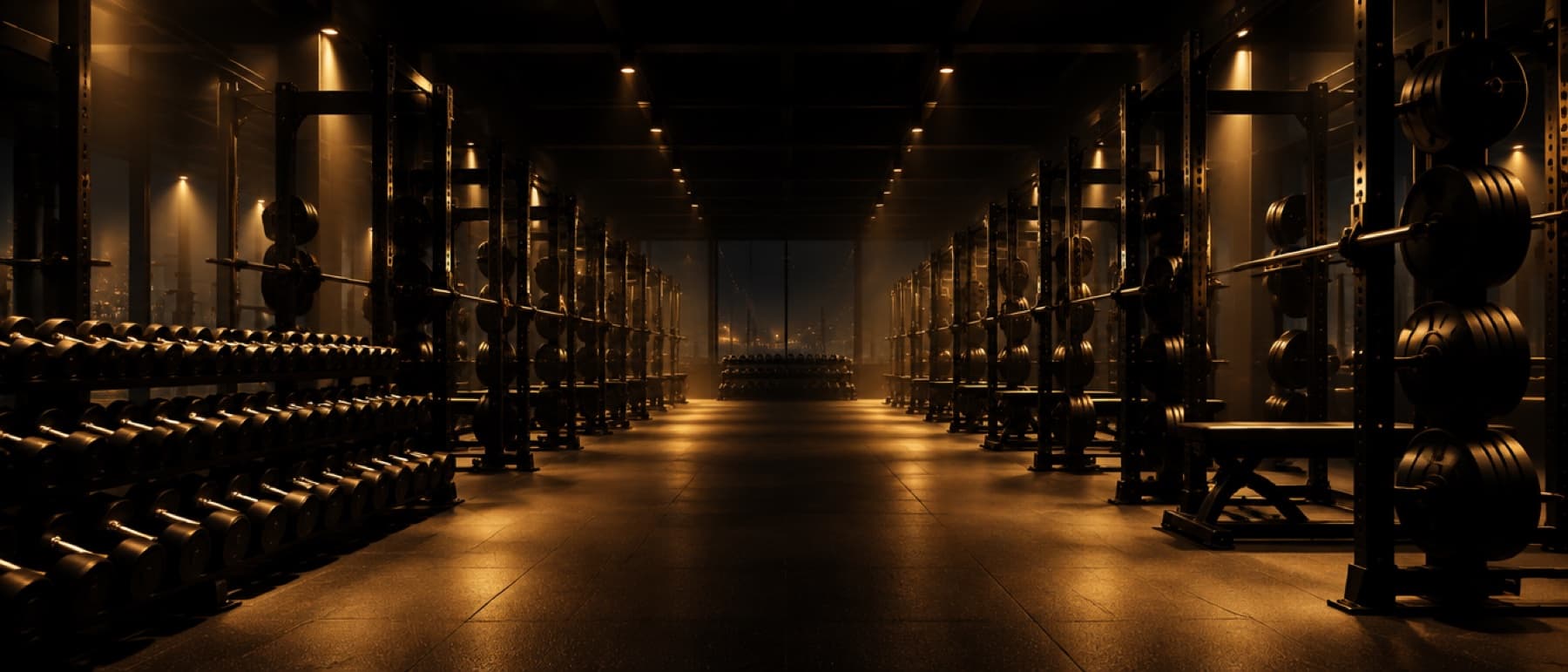 Interno di una palestra di alto livello, vuota, illuminata da luce dorata